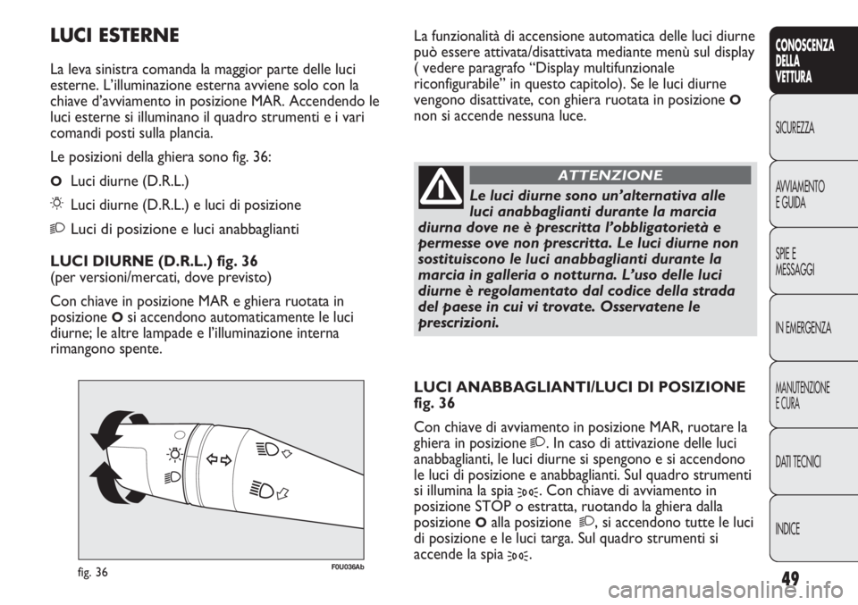 Abarth Punto Evo 2012 Libretto Uso Manutenzione (in Italian) INDICE DATI TECNICI
MANUTENZIONE
E CURA
IN EMERGENZA SPIE E
MESSAGGI AVVIAMENTO
E GUIDA SICUREZZA
CONOSCENZA
DELLA
VETTURA
49
F0U036Abfig. 36
Le luci diurne sono un’alternativa alle
luci anabbaglian Abarth Punto Evo 2012 Libretto Uso Manutenzione (in Italian) INDICE DATI TECNICI
MANUTENZIONE
E CURA
IN EMERGENZA SPIE E
MESSAGGI AVVIAMENTO
E GUIDA SICUREZZA
CONOSCENZA
DELLA
VETTURA
49
F0U036Abfig. 36
Le luci diurne sono un’alternativa alle
luci anabbaglian