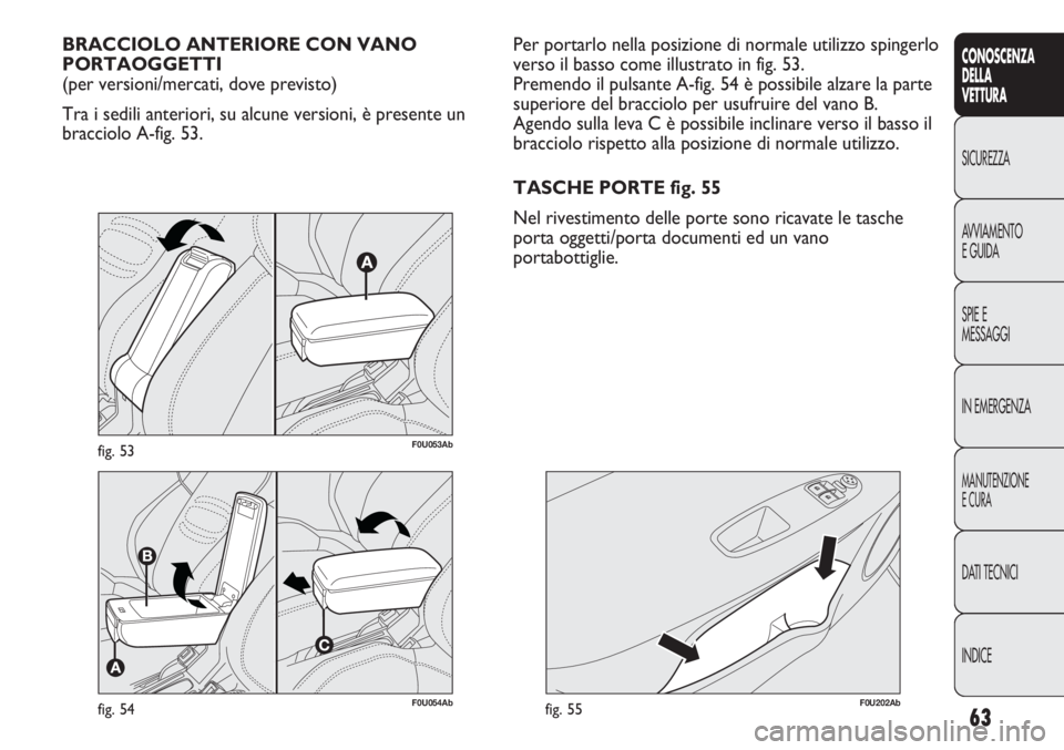 Abarth Punto Evo 2012  Libretto Uso Manutenzione (in Italian) 63
CONOSCENZA
DELLA
VETTURA
SICUREZZA
AVVIAMENTO
E GUIDA
SPIE E
MESSAGGI
IN EMERGENZA
MANUTENZIONE
E CURA
DATI TECNICI
INDICE
F0U054Abfig. 54
BRACCIOLO ANTERIORE CON VANO 
PORTAOGGETTI 
(per versioni/