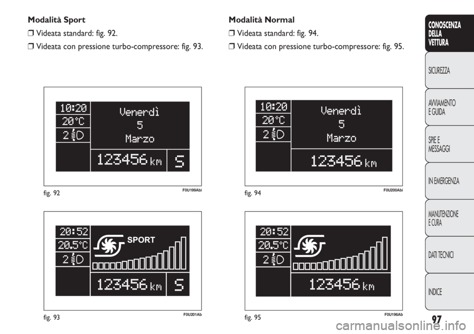 Abarth Punto Evo 2012  Libretto Uso Manutenzione (in Italian) 97
CONOSCENZA
DELLA
VETTURA
SICUREZZA
AVVIAMENTO
E GUIDA
SPIE E
MESSAGGI
IN EMERGENZA
MANUTENZIONE
E CURA
DATI TECNICI
INDICE
F0U201Abfig. 93
F0U199Abifig. 92
F0U196Abfig. 95
F0U200Abifig. 94
Modalit