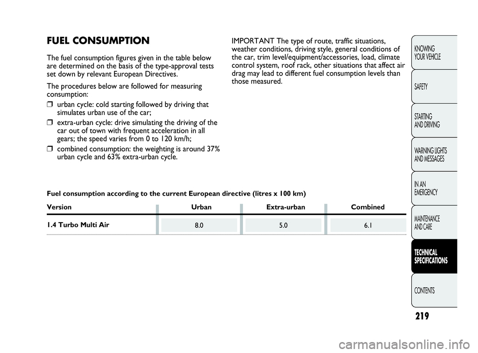 Abarth Punto Evo 2010 Owner handbook (in English) 219
KNOWING
YOUR VEHICLE
SAFETY
STARTING
AND DRIVING
WARNING LIGHTS
AND MESSAGES
IN AN
EMERGENCY
MAINTENANCE
AND CARE
TECHNICAL
SPECIFICATIONS
CONTENTS
8.05.06.1
FUEL CONSUMPTION
The fuel consumpt Abarth Punto Evo 2010 Owner handbook (in English) 219
KNOWING
YOUR VEHICLE
SAFETY
STARTING
AND DRIVING
WARNING LIGHTS
AND MESSAGES
IN AN
EMERGENCY
MAINTENANCE
AND CARE
TECHNICAL
SPECIFICATIONS
CONTENTS
8.05.06.1
FUEL CONSUMPTION
The fuel consumpt