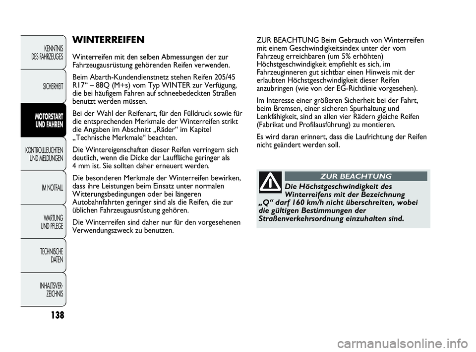 Abarth Punto Evo 2010 Betriebsanleitung (in German) 138
KENNTNIS
DES FAHRZEUGES
SICHERHEIT
MOTORSTART
UND FAHREN
KONTROLLLEUCHTEN
UND MELDUNGEN
IM NOTFALL
WA R T U N G
UND PFLEGE
TECHNISCHE
DATEN
INHALTSVER-
ZEICHNIS
WINTERREIFEN
Winterreifen mit Abarth Punto Evo 2010 Betriebsanleitung (in German) 138
KENNTNIS
DES FAHRZEUGES
SICHERHEIT
MOTORSTART
UND FAHREN
KONTROLLLEUCHTEN
UND MELDUNGEN
IM NOTFALL
WA R T U N G
UND PFLEGE
TECHNISCHE
DATEN
INHALTSVER-
ZEICHNIS
WINTERREIFEN
Winterreifen mit