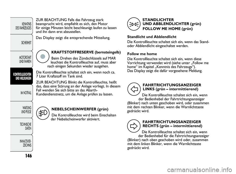 Abarth Punto Evo 2010 Betriebsanleitung (in German) 146
KENNTNIS
DES FAHRZEUGES
SICHERHEIT
MOTORSTART
UND FAHREN
KONTROLLLEUCHTEN
UND MELDUNGEN
IM NOTFALL
WA R T U N G
UND PFLEGE
TECHNISCHE
DATEN
INHALTSVER-
ZEICHNIS
ZUR BEACHTUNG Falls das Fahrze Abarth Punto Evo 2010 Betriebsanleitung (in German) 146
KENNTNIS
DES FAHRZEUGES
SICHERHEIT
MOTORSTART
UND FAHREN
KONTROLLLEUCHTEN
UND MELDUNGEN
IM NOTFALL
WA R T U N G
UND PFLEGE
TECHNISCHE
DATEN
INHALTSVER-
ZEICHNIS
ZUR BEACHTUNG Falls das Fahrze