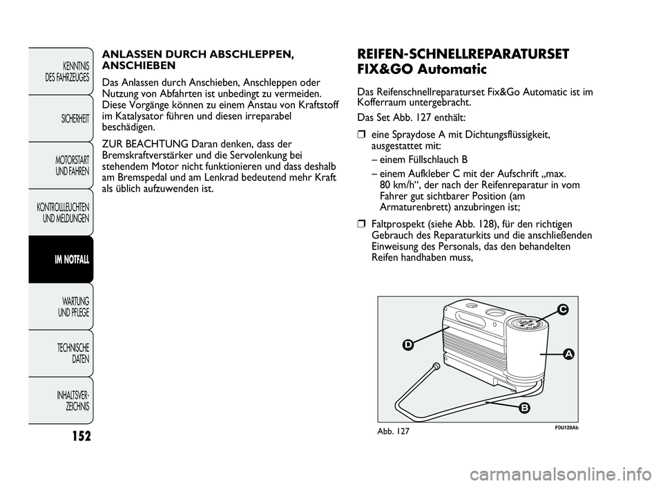 Abarth Punto Evo 2010 Betriebsanleitung (in German) INHALTSVER-
ZEICHNIS TECHNISCHE
DATEN WA R T U N G
UND PFLEGE
IM NOTFALL
KONTROLLLEUCHTEN
UND MELDUNGENMOTORSTART
UND FAHRENSICHERHEITKENNTNIS
DES FAHRZEUGES
152
F0U128AbAbb. 127
REIFEN-SCHNELLREPARAT Abarth Punto Evo 2010 Betriebsanleitung (in German) INHALTSVER-
ZEICHNIS TECHNISCHE
DATEN WA R T U N G
UND PFLEGE
IM NOTFALL
KONTROLLLEUCHTEN
UND MELDUNGENMOTORSTART
UND FAHRENSICHERHEITKENNTNIS
DES FAHRZEUGES
152
F0U128AbAbb. 127
REIFEN-SCHNELLREPARAT