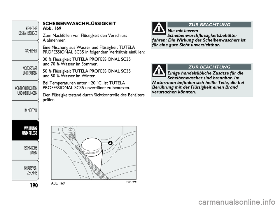 Abarth Punto Evo 2010 Betriebsanleitung (in German) F0U173AbAbb. 169190
KENNTNIS
DES FAHRZEUGES
SICHERHEIT
MOTORSTART
UND FAHREN
KONTROLLLEUCHTEN
UND MELDUNGEN
IM NOTFALL
WARTUNG
UND PFLEGE
TECHNISCHE
DATEN
INHALTSVER-
ZEICHNIS
SCHEIBENWASCHFLÜSS Abarth Punto Evo 2010 Betriebsanleitung (in German) F0U173AbAbb. 169190
KENNTNIS
DES FAHRZEUGES
SICHERHEIT
MOTORSTART
UND FAHREN
KONTROLLLEUCHTEN
UND MELDUNGEN
IM NOTFALL
WARTUNG
UND PFLEGE
TECHNISCHE
DATEN
INHALTSVER-
ZEICHNIS
SCHEIBENWASCHFLÜSS