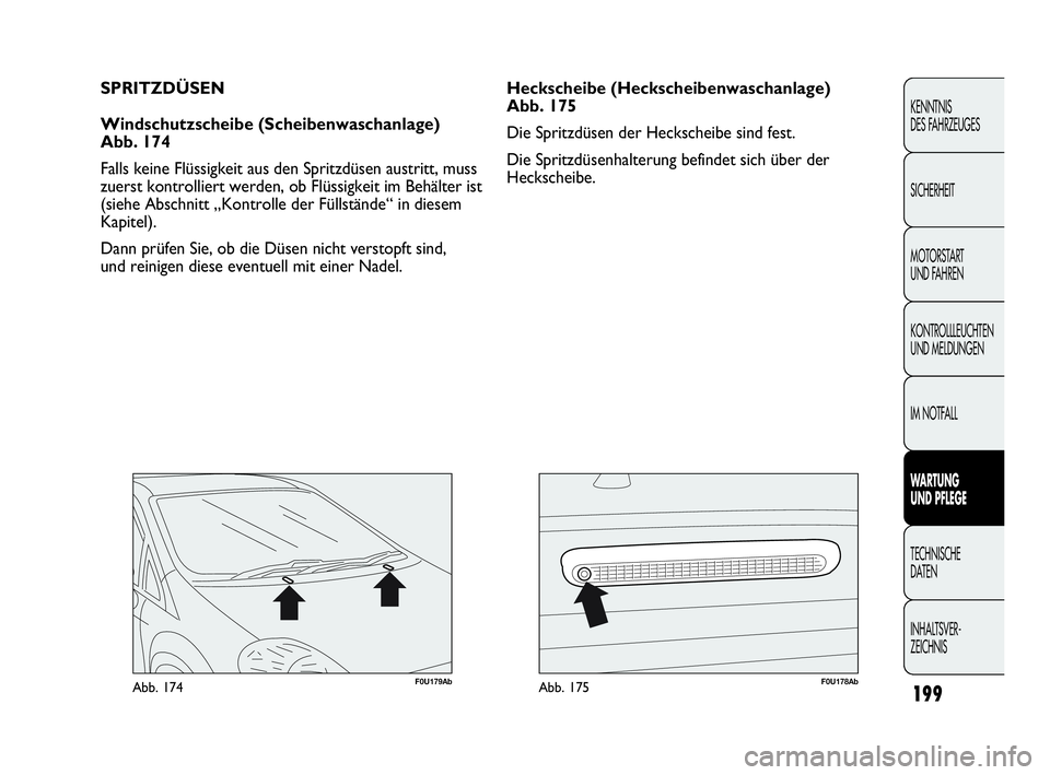Abarth Punto Evo 2010  Betriebsanleitung (in German) 199
KENNTNIS 
DES FAHRZEUGES
SICHERHEIT
MOTORSTART 
UND FAHREN
KONTROLLLEUCHTEN
UND MELDUNGEN
IM NOTFALL
WARTUNG 
UND PFLEGE
TECHNISCHE 
DATEN
INHALTSVER-
ZEICHNIS 
F0U179AbAbb. 174F0U178AbAbb. 175
He