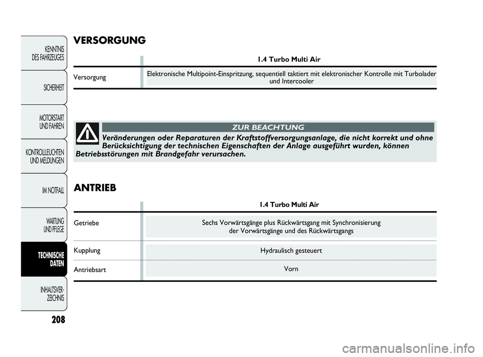 Abarth Punto Evo 2010  Betriebsanleitung (in German) 208
KENNTNIS
DES FAHRZEUGES
SICHERHEIT
MOTORSTART 
UND FAHREN
KONTROLLLEUCHTEN
UND MELDUNGEN
IM NOTFALL
WA R T U N G  
UND PFLEGE
TECHNISCHE
DATEN
INHALTSVER-
ZEICHNIS 
Hydraulisch gesteuert
Vorn
Ver