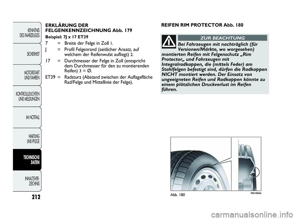 Abarth Punto Evo 2010 Betriebsanleitung (in German) 212
KENNTNIS
DES FAHRZEUGES
SICHERHEIT
MOTORSTART
UND FAHREN
KONTROLLLEUCHTEN
UND MELDUNGEN
IM NOTFALL
WA R T U N G
UND PFLEGE
TECHNISCHE
DATEN
INHALTSVER-
ZEICHNIS
ERKLÄRUNG DER
FELGENKENNZEICHN Abarth Punto Evo 2010 Betriebsanleitung (in German) 212
KENNTNIS
DES FAHRZEUGES
SICHERHEIT
MOTORSTART
UND FAHREN
KONTROLLLEUCHTEN
UND MELDUNGEN
IM NOTFALL
WA R T U N G
UND PFLEGE
TECHNISCHE
DATEN
INHALTSVER-
ZEICHNIS
ERKLÄRUNG DER
FELGENKENNZEICHN