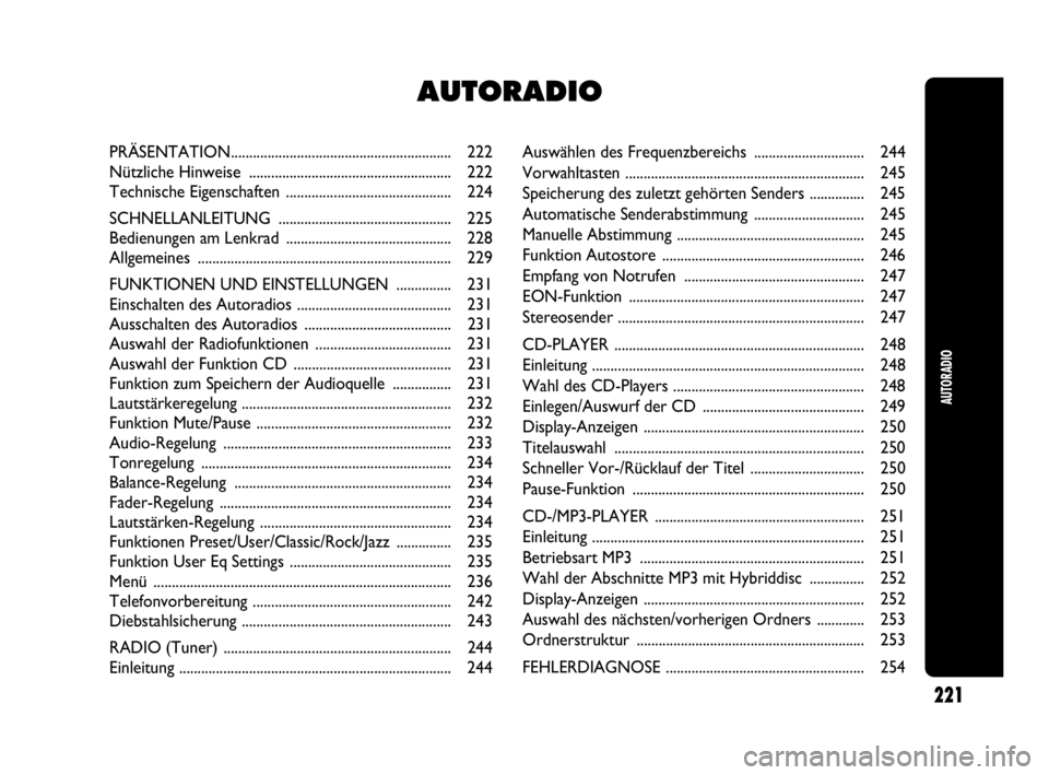 Abarth Punto Evo 2010 Betriebsanleitung (in German) Auswählen des Frequenzbereichs .............................. 244
Vorwahltasten ................................................................. 245
Speicherung des zuletzt gehörten Senders ....... Abarth Punto Evo 2010 Betriebsanleitung (in German) Auswählen des Frequenzbereichs .............................. 244
Vorwahltasten ................................................................. 245
Speicherung des zuletzt gehörten Senders .......
