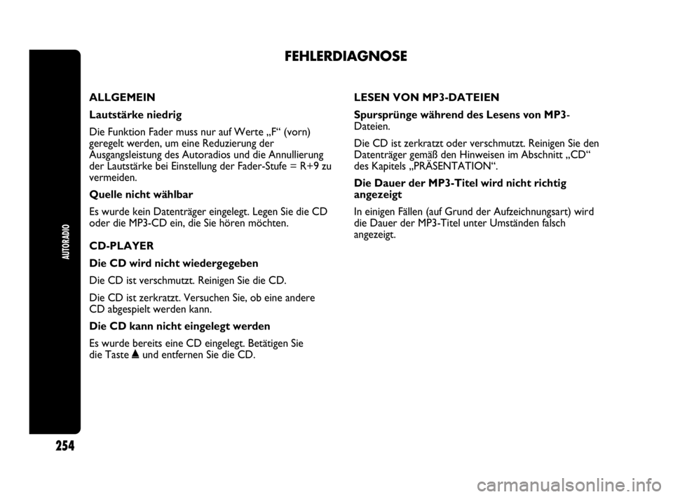 Abarth Punto Evo 2010 Betriebsanleitung (in German) FEHLERDIAGNOSE
AUTORADIO
254
ALLGEMEIN
Lautstärke niedrig
Die Funktion Fader muss nur auf Werte „F“ (vorn)
geregelt werden, um eine Reduzierung der
Ausgangsleistung des Autoradios und die Annul Abarth Punto Evo 2010 Betriebsanleitung (in German) FEHLERDIAGNOSE
AUTORADIO
254
ALLGEMEIN
Lautstärke niedrig
Die Funktion Fader muss nur auf Werte „F“ (vorn)
geregelt werden, um eine Reduzierung der
Ausgangsleistung des Autoradios und die Annul