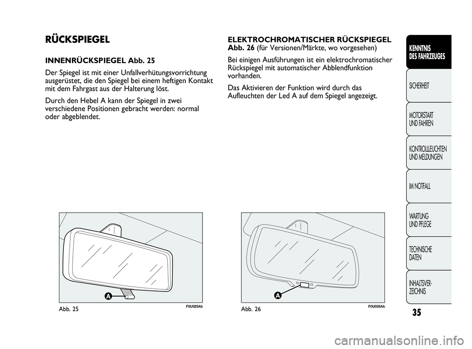 Abarth Punto Evo 2010  Betriebsanleitung (in German) INHALTSVER-
ZEICHNIS  TECHNISCHE 
DATEN WA R T U N G  
UND PFLEGE IM NOTFALL KONTROLLLEUCHTEN
UND MELDUNGEN MOTORSTART 
UND FAHREN SICHERHEIT
KENNTNIS 
DES FAHRZEUGES
35
ELEKTROCHROMATISCHER RÜCKSPIE