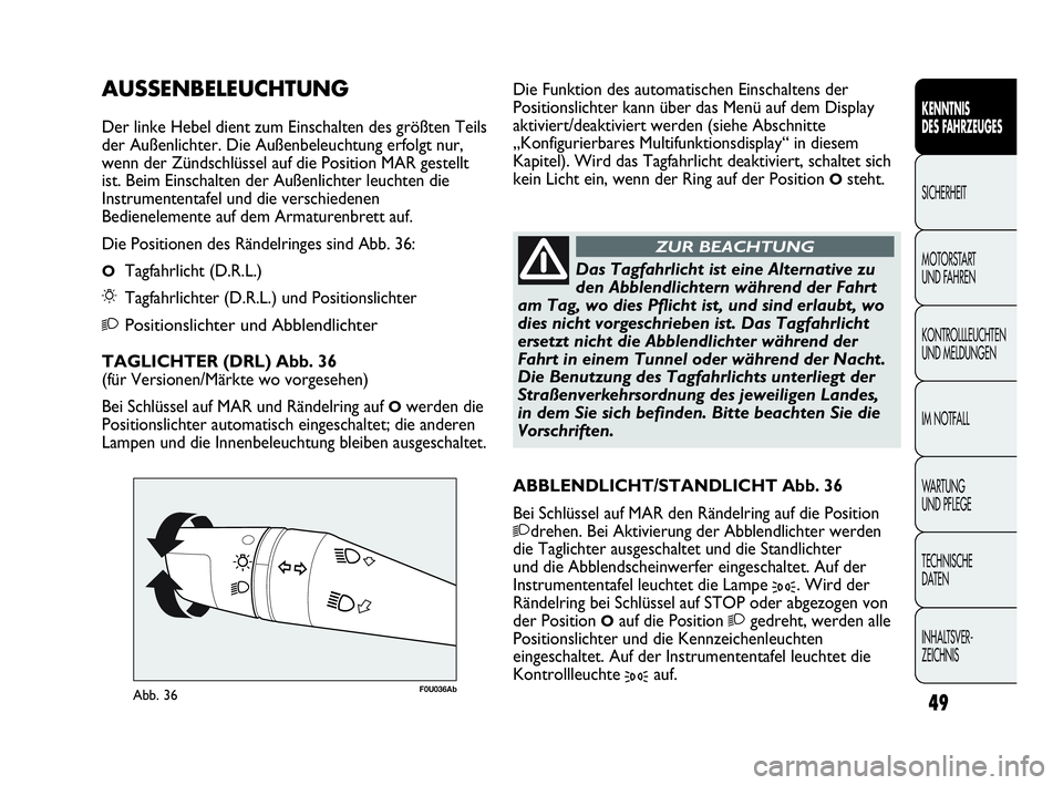 Abarth Punto Evo 2010 Betriebsanleitung (in German) INHALTSVER-
ZEICHNIS TECHNISCHE
DATEN WA R T U N G
UND PFLEGE IM NOTFALL KONTROLLLEUCHTEN
UND MELDUNGEN MOTORSTART
UND FAHREN SICHERHEIT
KENNTNIS
DES FAHRZEUGES
49
F0U036AbAbb. 36
Das Tagfahrlic Abarth Punto Evo 2010 Betriebsanleitung (in German) INHALTSVER-
ZEICHNIS TECHNISCHE
DATEN WA R T U N G
UND PFLEGE IM NOTFALL KONTROLLLEUCHTEN
UND MELDUNGEN MOTORSTART
UND FAHREN SICHERHEIT
KENNTNIS
DES FAHRZEUGES
49
F0U036AbAbb. 36
Das Tagfahrlic