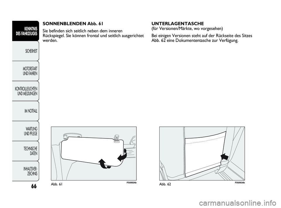 Abarth Punto Evo 2010  Betriebsanleitung (in German) 66
KENNTNIS 
DES FAHRZEUGES
SICHERHEIT
MOTORSTART 
UND FAHREN
KONTROLLLEUCHTEN
UND MELDUNGEN
IM NOTFALL
WA R T U N G  
UND PFLEGE
TECHNISCHE 
DATEN
INHALTSVER-
ZEICHNIS 
F0U062AbAbb. 61
SONNENBLENDEN 