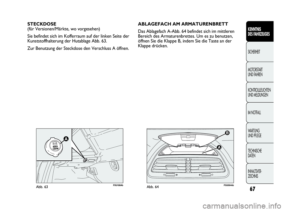 Abarth Punto Evo 2010  Betriebsanleitung (in German) 67
KENNTNIS 
DES FAHRZEUGES
SICHERHEIT
MOTORSTART 
UND FAHREN
KONTROLLLEUCHTEN
UND MELDUNGEN
IM NOTFALL
WA R T U N G  
UND PFLEGE
TECHNISCHE 
DATEN
INHALTSVER-
ZEICHNIS 
F0U064AbAbb. 64
STECKDOSE
(fü