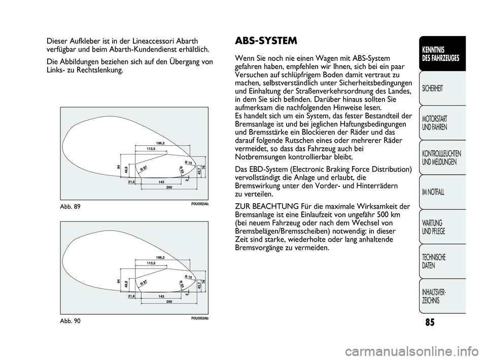 Abarth Punto Evo 2010 Betriebsanleitung (in German) 85
KENNTNIS
DES FAHRZEUGES
SICHERHEIT
MOTORSTART
UND FAHREN
KONTROLLLEUCHTEN
UND MELDUNGEN
IM NOTFALL
WA R T U N G
UND PFLEGE
TECHNISCHE
DATEN
INHALTSVER-
ZEICHNIS
Dieser Aufkleber ist in der Li Abarth Punto Evo 2010 Betriebsanleitung (in German) 85
KENNTNIS
DES FAHRZEUGES
SICHERHEIT
MOTORSTART
UND FAHREN
KONTROLLLEUCHTEN
UND MELDUNGEN
IM NOTFALL
WA R T U N G
UND PFLEGE
TECHNISCHE
DATEN
INHALTSVER-
ZEICHNIS
Dieser Aufkleber ist in der Li