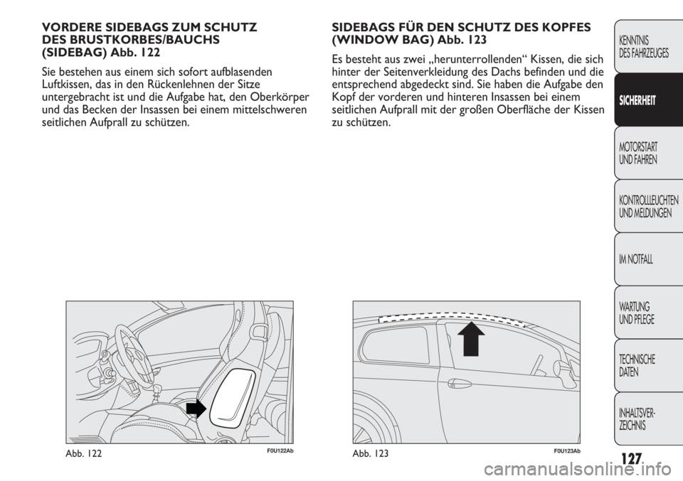 Abarth Punto Evo 2011  Betriebsanleitung (in German) 127
KENNTNIS
DES FAHRZEUGES
SICHERHEIT
MOTORSTART 
UND FAHREN
KONTROLLLEUCHTEN
UND MELDUNGEN
IM NOTFALL
WA R T U N G  
UND PFLEGE
TECHNISCHE
DATEN
INHALTSVER-
ZEICHNIS
SIDEBAGS FÜR DEN SCHUTZ DES KOP