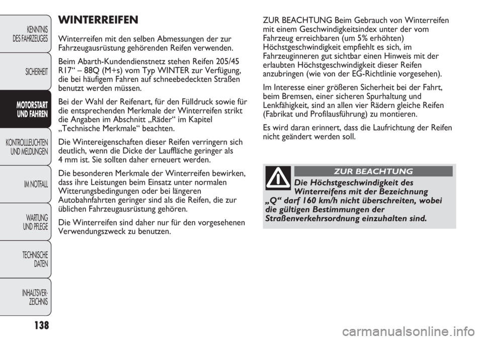 Abarth Punto Evo 2011 Betriebsanleitung (in German) 138
KENNTNIS
DES FAHRZEUGES
SICHERHEIT
MOTORSTART
UND FAHREN
KONTROLLLEUCHTEN
UND MELDUNGEN
IM NOTFALL
WA R T U N G
UND PFLEGE
TECHNISCHE
DATEN
INHALTSVER-
ZEICHNIS
WINTERREIFEN
Winterreifen mit den Abarth Punto Evo 2011 Betriebsanleitung (in German) 138
KENNTNIS
DES FAHRZEUGES
SICHERHEIT
MOTORSTART
UND FAHREN
KONTROLLLEUCHTEN
UND MELDUNGEN
IM NOTFALL
WA R T U N G
UND PFLEGE
TECHNISCHE
DATEN
INHALTSVER-
ZEICHNIS
WINTERREIFEN
Winterreifen mit den