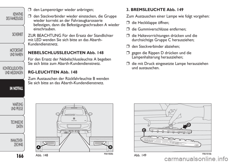 Abarth Punto Evo 2011  Betriebsanleitung (in German) 166
KENNTNIS
DES FAHRZEUGES
SICHERHEIT
MOTORSTART 
UND FAHREN
KONTROLLLEUCHTEN
UND MELDUNGEN
IM NOTFALL
WA R T U N G  
UND PFLEGE
TECHNISCHE
DATEN
INHALTSVER-
ZEICHNIS
❒den Lampenträger wieder anbr