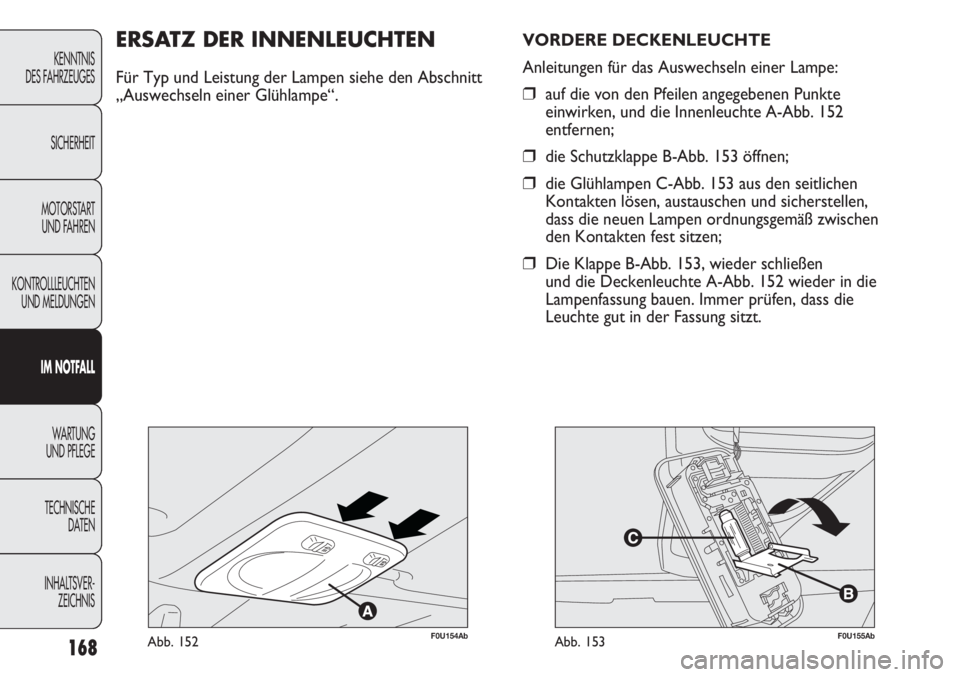 Abarth Punto Evo 2011  Betriebsanleitung (in German) 168
KENNTNIS
DES FAHRZEUGES
SICHERHEIT
MOTORSTART 
UND FAHREN
KONTROLLLEUCHTEN
UND MELDUNGEN
IM NOTFALL
WA R T U N G  
UND PFLEGE
TECHNISCHE
DATEN
INHALTSVER-
ZEICHNIS
F0U154AbAbb. 152
ERSATZ DER INNE