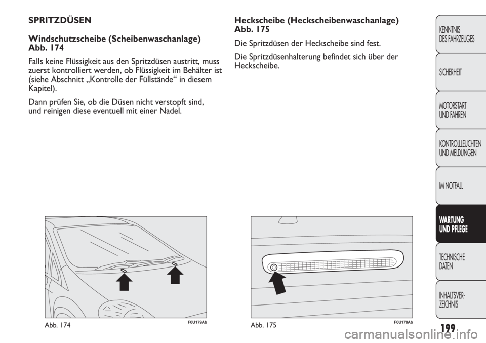 Abarth Punto Evo 2011  Betriebsanleitung (in German) 199
KENNTNIS
DES FAHRZEUGES
SICHERHEIT
MOTORSTART 
UND FAHREN
KONTROLLLEUCHTEN
UND MELDUNGEN
IM NOTFALL
WARTUNG 
UND PFLEGE
TECHNISCHE
DATEN
INHALTSVER-
ZEICHNIS
F0U179AbAbb. 174F0U178AbAbb. 175
Hecks