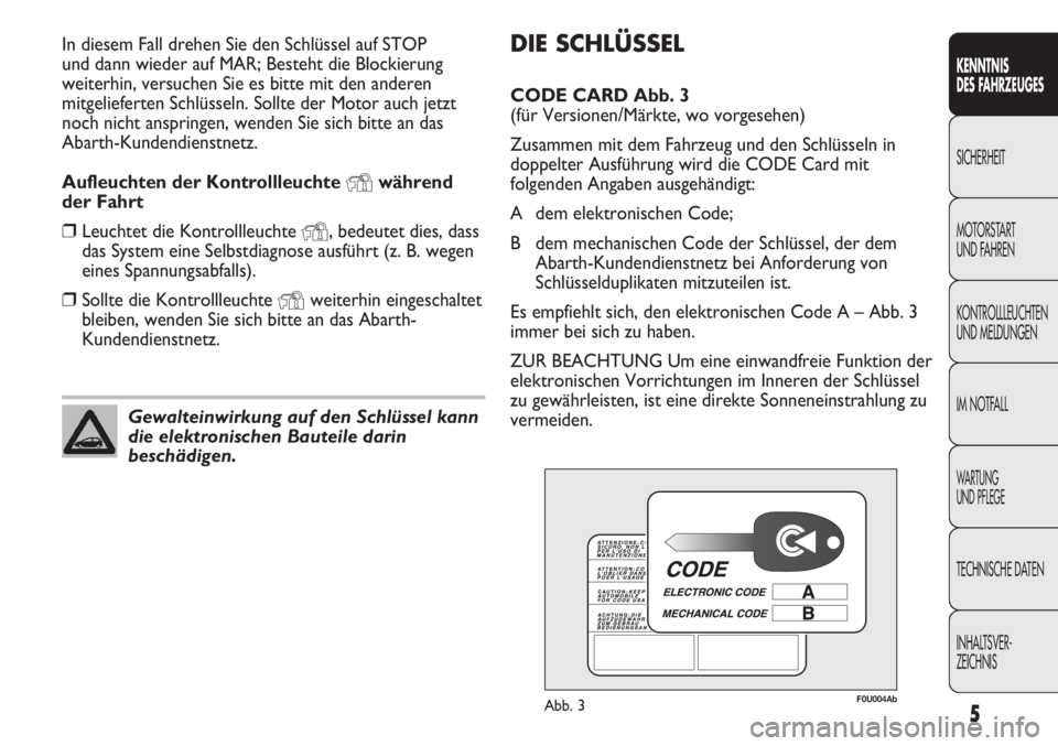 Abarth Punto Evo 2011 Betriebsanleitung (in German) DIE SCHLÜSSEL
CODE CARD Abb. 3
(für Versionen/Märkte, wo vorgesehen)
Zusammen mit dem Fahrzeug und den Schlüsseln in
doppelter Ausführung wird die CODE Card mit
folgenden Angaben ausgehändigt:
Abarth Punto Evo 2011 Betriebsanleitung (in German) DIE SCHLÜSSEL
CODE CARD Abb. 3
(für Versionen/Märkte, wo vorgesehen)
Zusammen mit dem Fahrzeug und den Schlüsseln in
doppelter Ausführung wird die CODE Card mit
folgenden Angaben ausgehändigt: