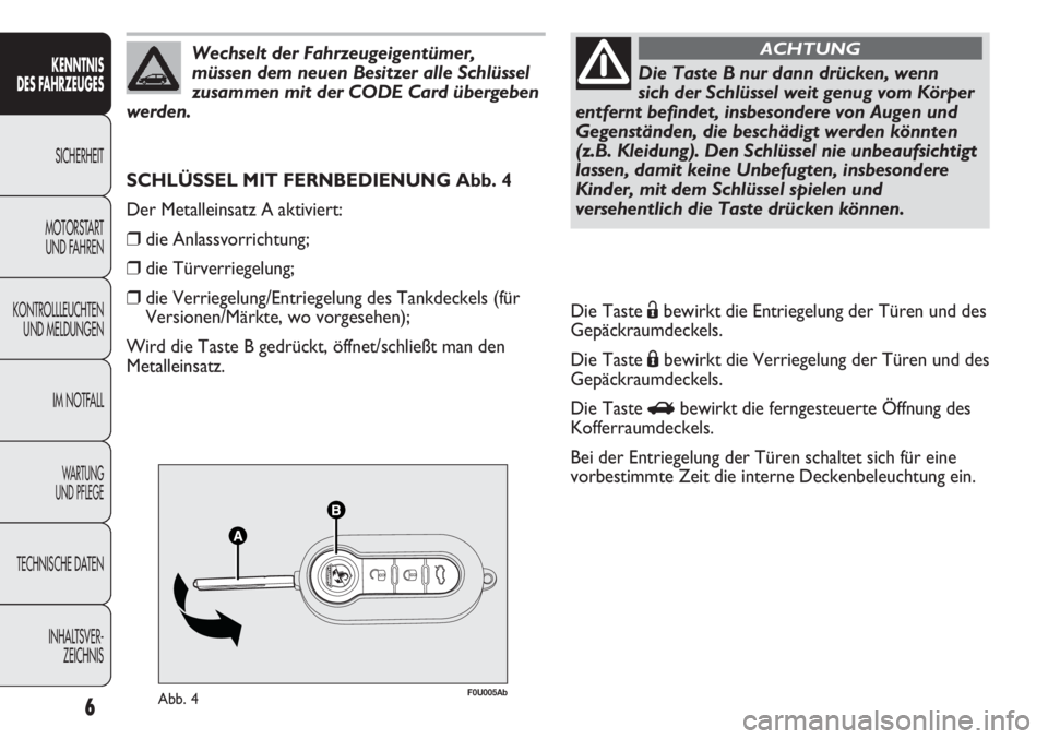 Abarth Punto Evo 2011 Betriebsanleitung (in German) 6
KENNTNIS
DES FAHRZEUGES
SICHERHEIT
MOTORSTART
UND FAHREN
KONTROLLLEUCHTEN
UND MELDUNGEN
IM NOTFALL
WA R T U N G
UND PFLEGE
TECHNISCHE DATEN
INHALTSVER-
ZEICHNIS
F0U005AbAbb. 4
SCHLÜSSEL MIT FERN Abarth Punto Evo 2011 Betriebsanleitung (in German) 6
KENNTNIS
DES FAHRZEUGES
SICHERHEIT
MOTORSTART
UND FAHREN
KONTROLLLEUCHTEN
UND MELDUNGEN
IM NOTFALL
WA R T U N G
UND PFLEGE
TECHNISCHE DATEN
INHALTSVER-
ZEICHNIS
F0U005AbAbb. 4
SCHLÜSSEL MIT FERN