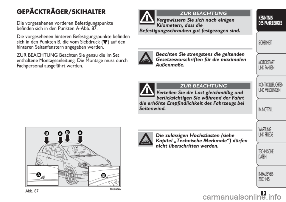 Abarth Punto Evo 2011  Betriebsanleitung (in German) 83
KENNTNIS
DES FAHRZEUGES
SICHERHEIT
MOTORSTART 
UND FAHREN
KONTROLLLEUCHTEN
UND MELDUNGEN
IM NOTFALL
WA R T U N G  
UND PFLEGE
TECHNISCHE
DATEN
INHALTSVER-
ZEICHNIS
F0U090AbAbb. 87
GEPÄCKTRÄGER/SK