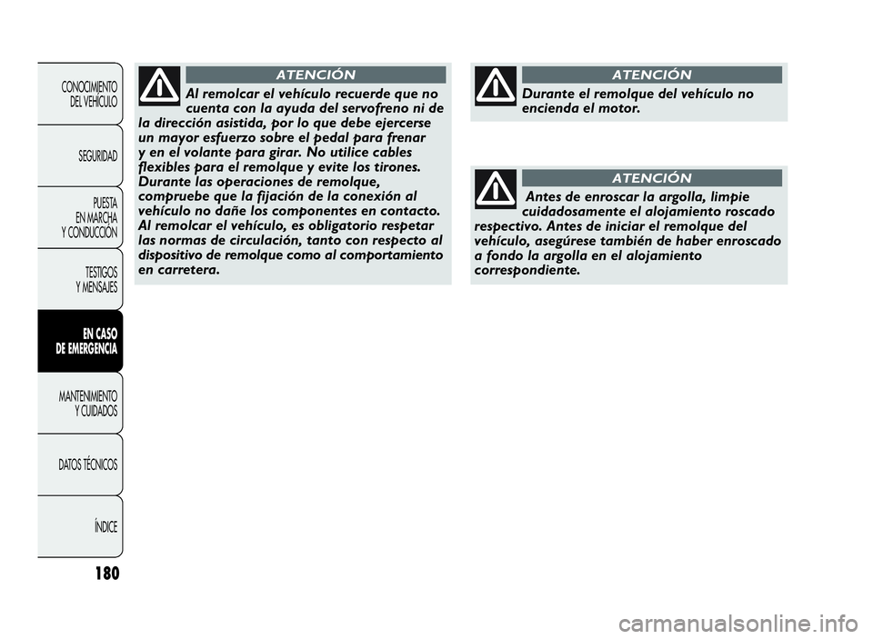 Abarth Punto Evo 2010  Manual de Empleo y Cuidado (in Spanish) 180
CONOCIMIENTO
DEL VEHÍCULO
SEGURIDAD
PUESTA
EN MARCHA
Y CONDUCCIÓN
TESTIGOS
Y MENSAJES
ENCASO
DE EMERGENCIA
MANTENIMIENTO
YCUIDADOS
DATOS TÉCNICOS
ÍNDICE
Al remolcar el vehículo recuerde que n