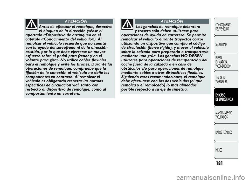 Abarth Punto Evo 2010  Manual de Empleo y Cuidado (in Spanish) 181
CONOCIMIENTO
DEL VEHÍCULO
SEGURIDAD
PUESTA
EN MARCHA
Y CONDUCCIÓN
TESTIGOS
Y MENSAJES
ENCASO
DE EMERGENCIA
MANTENIMIENTO
Y CUIDADOS
DATOS TÉCNICOS
ÍNDICE
Antes de efectuar el remolque, desacti