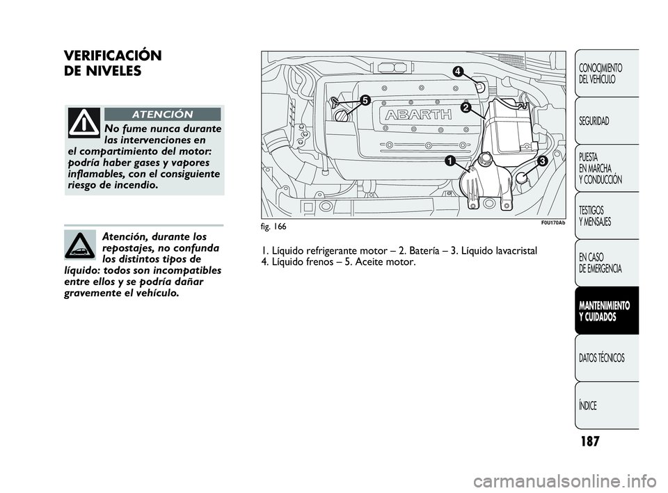 Abarth Punto Evo 2010  Manual de Empleo y Cuidado (in Spanish) 187
VERIFICACIÓN 
DE NIVELES
CONOCIMIENTO 
DEL VEHÍCULO
SEGURIDAD
PUESTA 
EN MARCHA 
Y CONDUCCIÓN
TESTIGOS 
Y MENSAJES
EN CASO 
DE EMERGENCIA
MANTENIMIENTO 
Y CUIDADOS
DATOS TÉCNICOS
ÍNDICE
fig. 