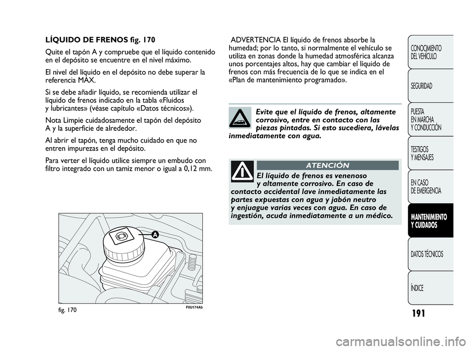 Abarth Punto Evo 2010  Manual de Empleo y Cuidado (in Spanish) 191
CONOCIMIENTO 
DEL VEHÍCULO
SEGURIDAD
PUESTA 
EN MARCHA 
Y CONDUCCIÓN
TESTIGOS 
Y MENSAJES
EN CASO 
DE EMERGENCIA
MANTENIMIENTO 
Y CUIDADOS
DATOS TÉCNICOS
ÍNDICE
F0U174Abfig. 170
ADVERTENCIA El