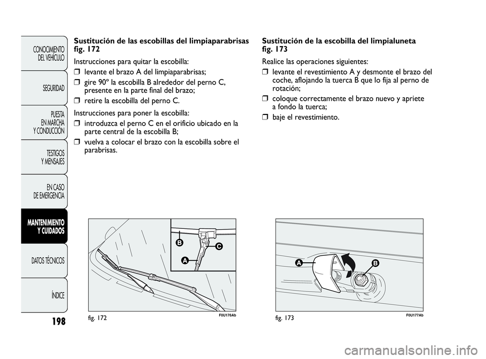 Abarth Punto Evo 2010  Manual de Empleo y Cuidado (in Spanish) F0U177Abfig. 173198
F0U176Abfig. 172
Sustitución de las escobillas del limpiaparabrisas
fig. 172
Instrucciones para quitar la escobilla:
❒levante el brazo A del limpiaparabrisas;
❒gire 90º la es