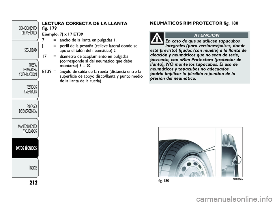 Abarth Punto Evo 2010  Manual de Empleo y Cuidado (in Spanish) 212
CONOCIMIENTO 
DEL VEHÍCULO
SEGURIDAD
PUESTA 
EN MARCHA 
Y CONDUCCIÓN
TESTIGOS 
Y MENSAJES
EN CASO 
DE EMERGENCIA
MANTENIMIENTO 
Y CUIDADOS
DATOS TÉCNICOS
ÍNDICE
LECTURA CORRECTA DE LA LLANTA 
