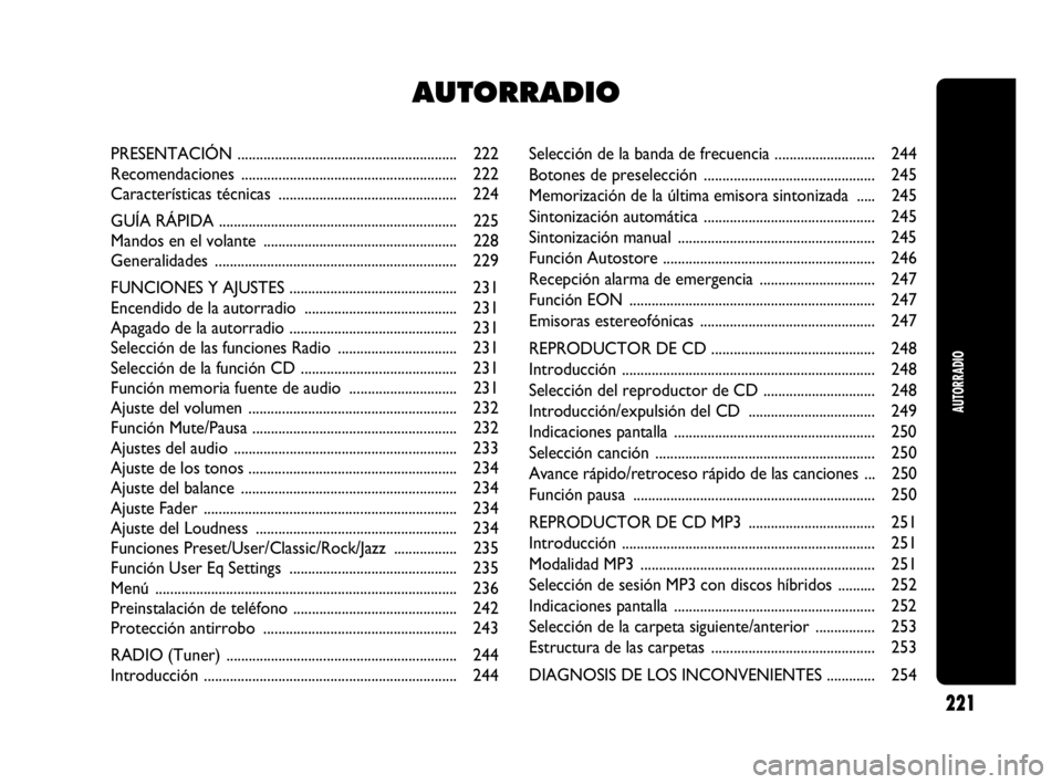 Abarth Punto Evo 2010  Manual de Empleo y Cuidado (in Spanish) Selección de la banda de frecuencia ........................... 244
Botones de preselección .............................................. 245
Memorización de la última emisora sintonizada  ..... 