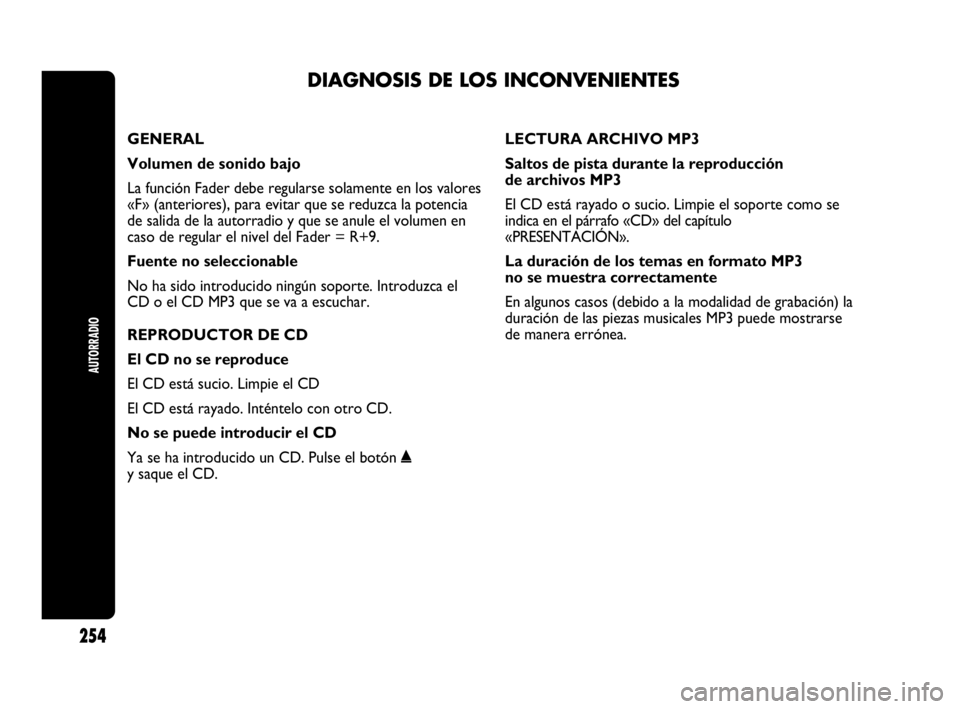 Abarth Punto Evo 2010  Manual de Empleo y Cuidado (in Spanish) DIAGNOSIS DE LOS INCONVENIENTES
AUTORRADIO
254
GENERAL
Volumen de sonido bajo 
La función Fader debe regularse solamente en los valores
«F» (anteriores), para evitar que se reduzca la potencia
de s