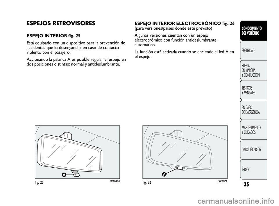 Abarth Punto Evo 2010  Manual de Empleo y Cuidado (in Spanish) 35
CONOCIMIENTO 
DEL VEHÍCULO
SEGURIDAD
PUESTA 
EN MARCHA 
Y CONDUCCIÓN
TESTIGOS 
Y MENSAJES
EN CASO 
DE EMERGENCIA
MANTENIMIENTO 
Y CUIDADOS
DATOS TÉCNICOS
ÍNDICE
ESPEJO INTERIOR ELECTROCRÓMICO 