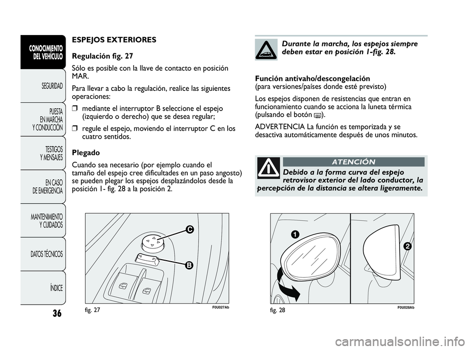 Abarth Punto Evo 2010  Manual de Empleo y Cuidado (in Spanish) F0U027Abfig. 27
ESPEJOS EXTERIORES
Regulación fig. 27
Sólo es posible con la llave de contacto en posición
MAR.
Para llevar a cabo la regulación, realice las siguientes
operaciones:
❒mediante el