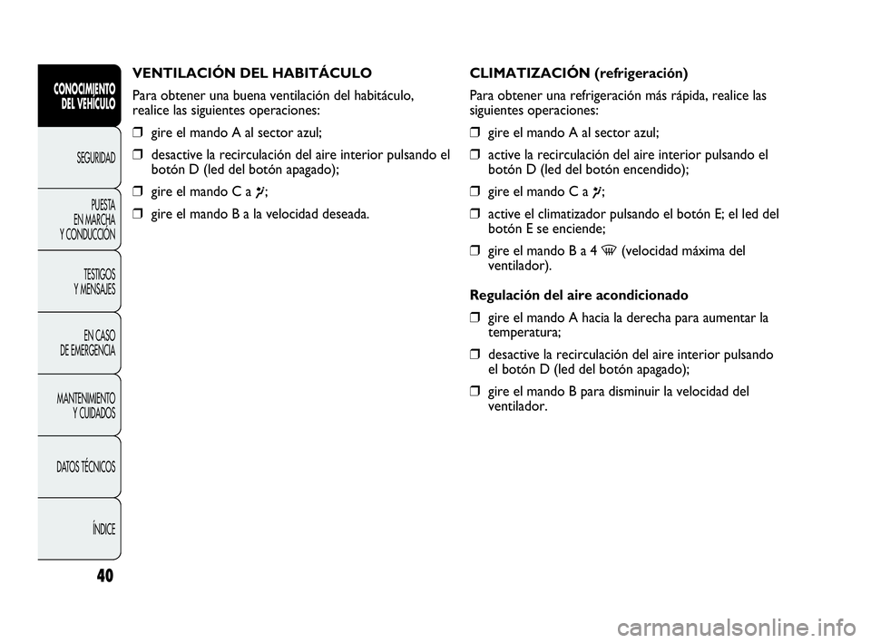 Abarth Punto Evo 2010  Manual de Empleo y Cuidado (in Spanish) 40
CONOCIMIENTO 
DEL VEHÍCULO
SEGURIDAD
PUESTA 
EN MARCHA 
Y CONDUCCIÓN
TESTIGOS 
Y MENSAJES
EN CASO 
DE EMERGENCIA
MANTENIMIENTO 
Y CUIDADOS
DATOS TÉCNICOS
ÍNDICE
VENTILACIÓN DEL HABITÁCULO
Par