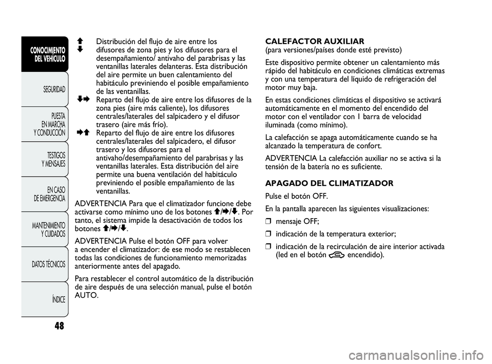 Abarth Punto Evo 2010  Manual de Empleo y Cuidado (in Spanish) 48
CONOCIMIENTO 
DEL VEHÍCULO
SEGURIDAD
PUESTA 
EN MARCHA 
Y CONDUCCIÓN
TESTIGOS 
Y MENSAJES
EN CASO 
DE EMERGENCIA
MANTENIMIENTO 
Y CUIDADOS
DATOS TÉCNICOS
ÍNDICE
QDistribución del flujo de aire