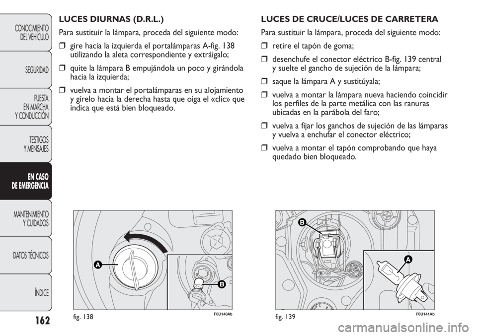 Abarth Punto Evo 2011 Manual de Empleo y Cuidado (in Spanish) 162
F0U140Abfig. 138
LUCES DIURNAS (D.R.L.)
Para sustituir la lámpara, proceda del siguiente modo:
❒gire hacia la izquierda el portalámparas A-fig. 138
utilizando la aleta correspondiente y extrá Abarth Punto Evo 2011 Manual de Empleo y Cuidado (in Spanish) 162
F0U140Abfig. 138
LUCES DIURNAS (D.R.L.)
Para sustituir la lámpara, proceda del siguiente modo:
❒gire hacia la izquierda el portalámparas A-fig. 138
utilizando la aleta correspondiente y extrá