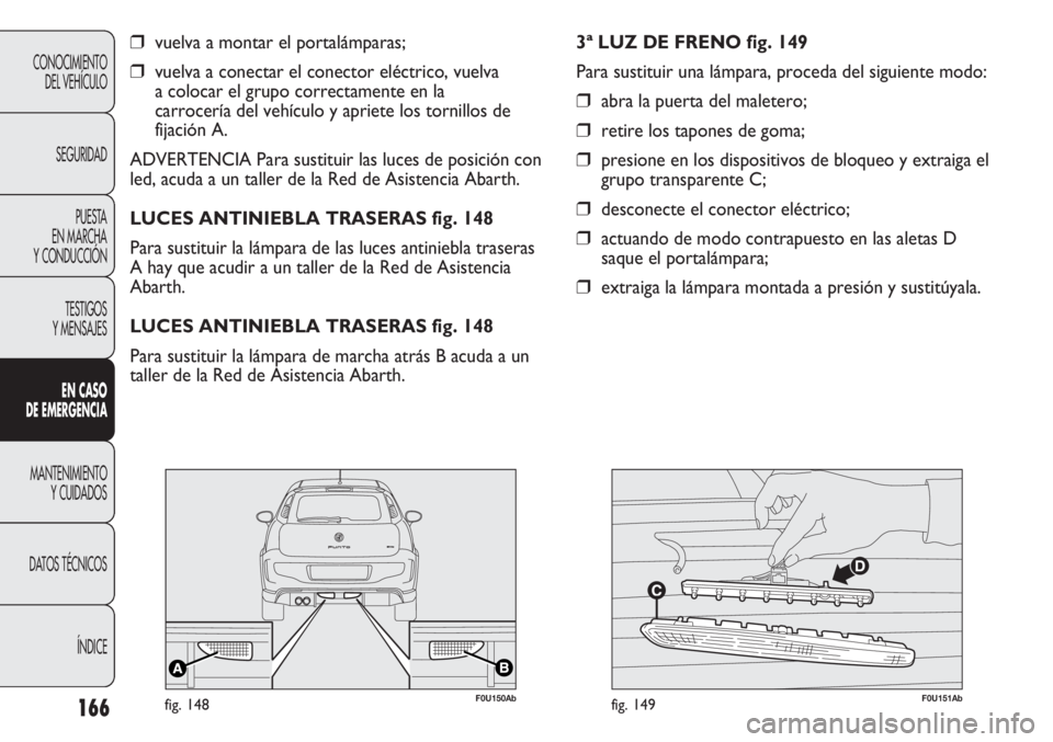 Abarth Punto Evo 2012  Manual de Empleo y Cuidado (in Spanish) 166
CONOCIMIENTO
DEL VEHÍCULO
SEGURIDAD
PUESTA 
EN MARCHA 
Y CONDUCCIÓN
TESTIGOS
Y MENSAJES
EN CASO 
DE EMERGENCIA
MANTENIMIENTO
Y CUIDADOS
DATOS TÉCNICOS
ÍNDICE
❒vuelva a montar el portalámpar
