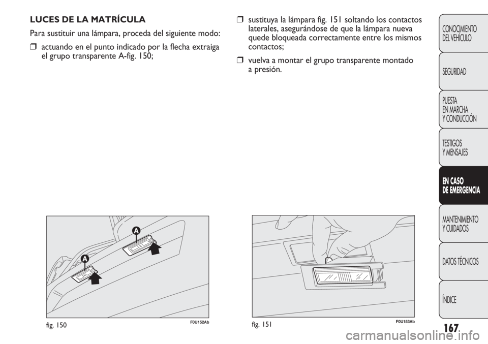 Abarth Punto Evo 2011  Manual de Empleo y Cuidado (in Spanish) 167
CONOCIMIENTO
DEL VEHÍCULO
SEGURIDAD
PUESTA 
EN MARCHA 
Y CONDUCCIÓN
TESTIGOS
Y MENSAJES
EN CASO 
DE EMERGENCIA
MANTENIMIENTO
Y CUIDADOS
DATOS TÉCNICOS
ÍNDICE
LUCES DE LA MATRÍCULA
Para sustit