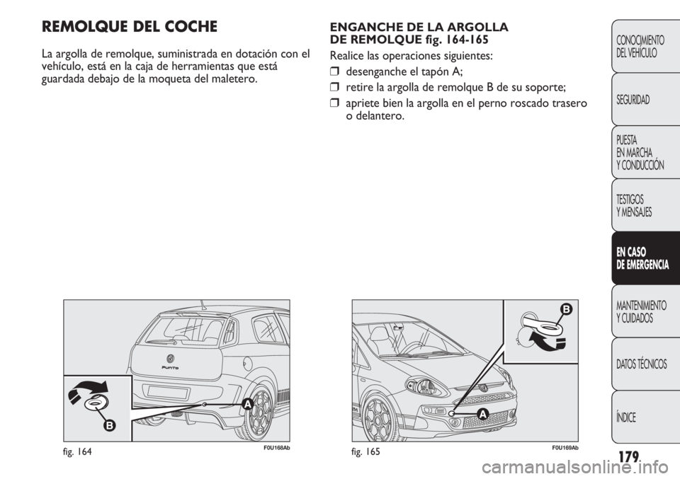 Abarth Punto Evo 2011  Manual de Empleo y Cuidado (in Spanish) 179
CONOCIMIENTO
DEL VEHÍCULO
SEGURIDAD
PUESTA 
EN MARCHA 
Y CONDUCCIÓN
TESTIGOS
Y MENSAJES
EN CASO 
DE EMERGENCIA
MANTENIMIENTO
Y CUIDADOS
DATOS TÉCNICOS
ÍNDICE
F0U169Abfig. 165
ENGANCHE DE LA AR