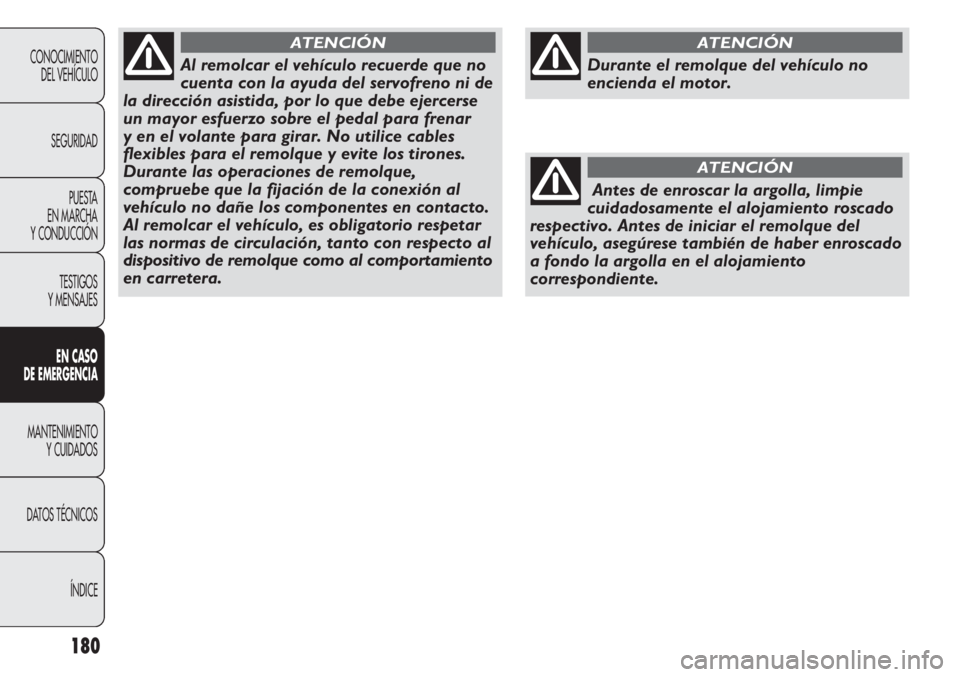 Abarth Punto Evo 2011 Manual de Empleo y Cuidado (in Spanish) 180
CONOCIMIENTO
DEL VEHÍCULO
SEGURIDAD
PUESTA
EN MARCHA
Y CONDUCCIÓN
TESTIGOS
Y MENSAJES
EN CASO
DE EMERGENCIA
MANTENIMIENTO
Y CUIDADOS
DATOS TÉCNICOS
ÍNDICE
Al remolcar el vehículo recuerde Abarth Punto Evo 2011 Manual de Empleo y Cuidado (in Spanish) 180
CONOCIMIENTO
DEL VEHÍCULO
SEGURIDAD
PUESTA
EN MARCHA
Y CONDUCCIÓN
TESTIGOS
Y MENSAJES
EN CASO
DE EMERGENCIA
MANTENIMIENTO
Y CUIDADOS
DATOS TÉCNICOS
ÍNDICE
Al remolcar el vehículo recuerde