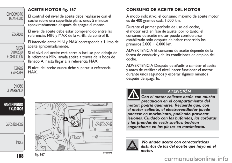 Abarth Punto Evo 2011 Manual de Empleo y Cuidado (in Spanish) 188
CONOCIMIENTO
DEL VEHÍCULO
SEGURIDAD
PUESTA
EN MARCHA
Y CONDUCCIÓN
TESTIGOS
Y MENSAJES
EN CASO
DE EMERGENCIA
MANTENIMIENTO
Y CUIDADOS
DATOS TÉCNICOS
ÍNDICE
F0U171Abfig. 167
ACEITE MOTOR fig. Abarth Punto Evo 2011 Manual de Empleo y Cuidado (in Spanish) 188
CONOCIMIENTO
DEL VEHÍCULO
SEGURIDAD
PUESTA
EN MARCHA
Y CONDUCCIÓN
TESTIGOS
Y MENSAJES
EN CASO
DE EMERGENCIA
MANTENIMIENTO
Y CUIDADOS
DATOS TÉCNICOS
ÍNDICE
F0U171Abfig. 167
ACEITE MOTOR fig.