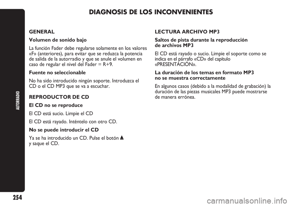 Abarth Punto Evo 2011  Manual de Empleo y Cuidado (in Spanish) DIAGNOSIS DE LOS INCONVENIENTES
AUTORRADIO
254
GENERAL
Volumen de sonido bajo 
La función Fader debe regularse solamente en los valores
«F» (anteriores), para evitar que se reduzca la potencia
de s