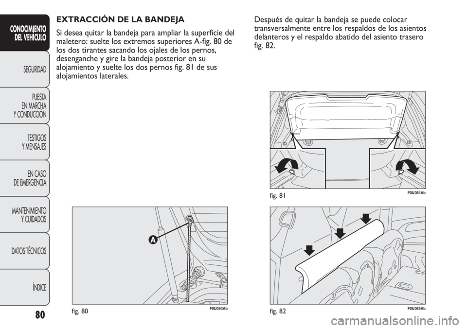 Abarth Punto Evo 2011  Manual de Empleo y Cuidado (in Spanish) 80
CONOCIMIENTO
DEL VEHÍCULO
SEGURIDAD
PUESTA 
EN MARCHA 
Y CONDUCCIÓN
TESTIGOS
Y MENSAJES
EN CASO 
DE EMERGENCIA
MANTENIMIENTO
Y CUIDADOS
DATOS TÉCNICOS
ÍNDICE
EXTRACCIÓN DE LA BANDEJA
Si desea 