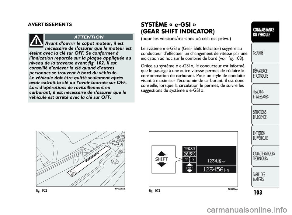 Abarth Punto Evo 2010  Notice dentretien (in French) 103
CONNAISSANCE 
DU VÉHICULE
SÉCURITÉ
DÉMARRAGE 
ET CONDUITE
TÉMOINS 
ET MESSAGES
SITUATIONS 
D’URGENCE
ENTRETIEN 
DU VÉHICULE
CARACTÉRISTIQUES
TECHNIQUES
TABLE  DES 
MATIÈRES
F0U099Abfig. 