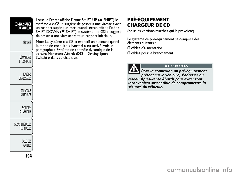 Abarth Punto Evo 2010  Notice dentretien (in French) 104
CONNAISSANCE 
DU VÉHICULE
SÉCURITÉ
DÉMARRAGE 
ET CONDUITE
TÉMOINS 
ET MESSAGES
SITUATIONS 
D’URGENCE
ENTRETIEN 
DU VÉHICULE
CARACTÉRISTIQUES
TECHNIQUES
TABLE  DES 
MATIÈRES
PRÉ-ÉQUIPEM