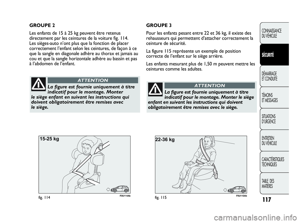 Abarth Punto Evo 2010  Notice dentretien (in French) 117
CONNAISSANCE 
DU VÉHICULE
SÉCURITÉ
DÉMARRAGE 
ET CONDUITE
TÉMOINS 
ET MESSAGES
SITUATIONS 
D’URGENCE
ENTRETIEN 
DU VÉHICULE
CARACTÉRISTIQUES
TECHNIQUES
TABLE  DES 
MATIÈRES
F0U115Abfig. 