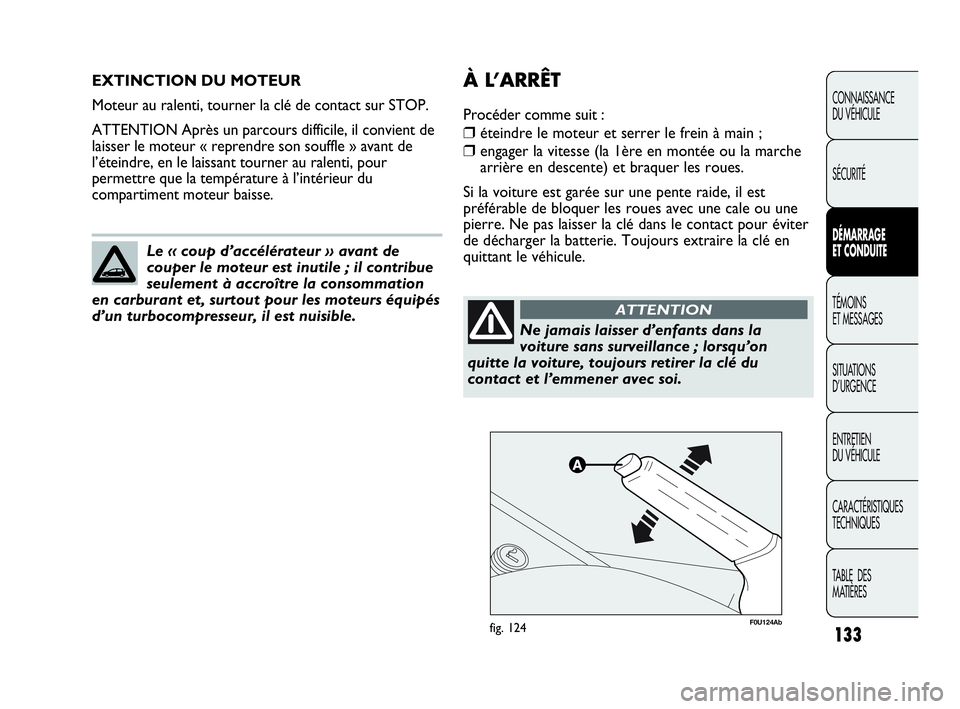 Abarth Punto Evo 2010  Notice dentretien (in French) 133
CONNAISSANCE 
DU VÉHICULE
SÉCURITÉ
DÉMARRAGE 
ET CONDUITE
TÉMOINS 
ET MESSAGES
SITUATIONS 
D’URGENCE
ENTRETIEN 
DU VÉHICULE
CARACTÉRISTIQUES
TECHNIQUES
TABLE  DES 
MATIÈRES
EXTINCTION DU